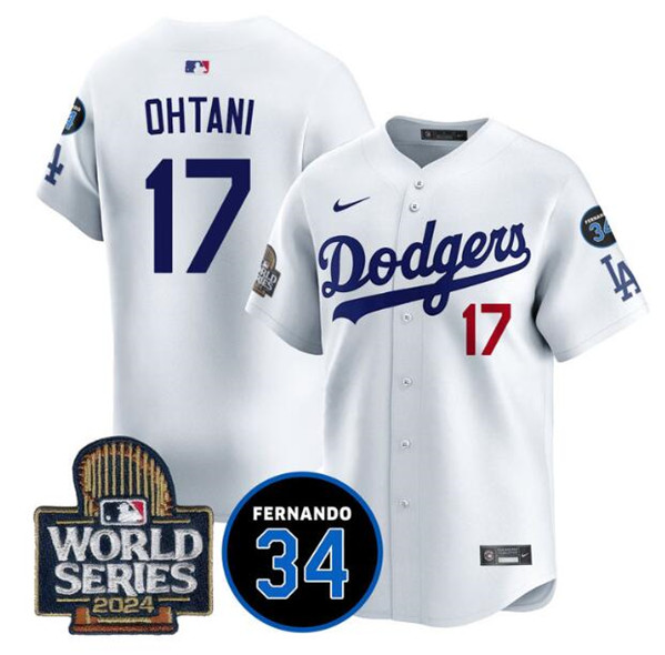 Los Angeles Dodgers #17 Shohei Ohtani White 2024 World Series With Fernando Memorial Patch Limited Stitched Jersey